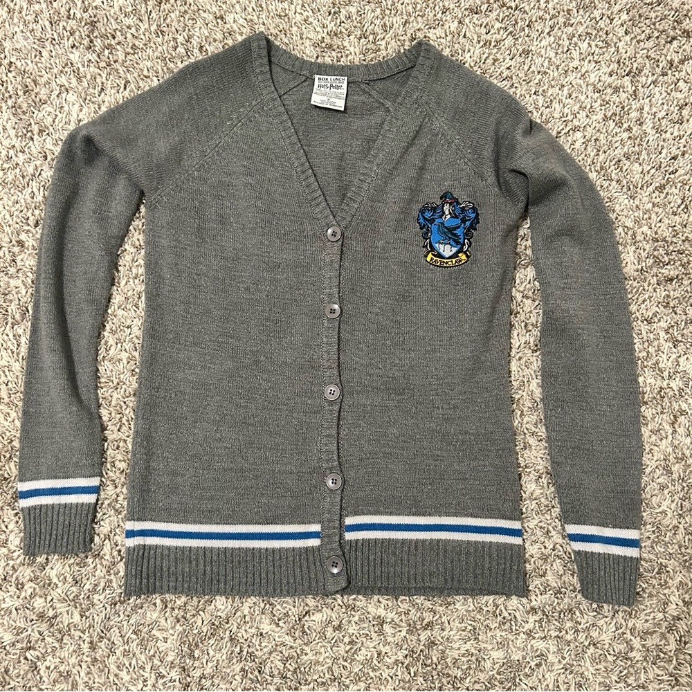Harry Potter Ravenclaw Box Lunch Cardigan Sweater Sz Med Gray Long Sleeve Knit